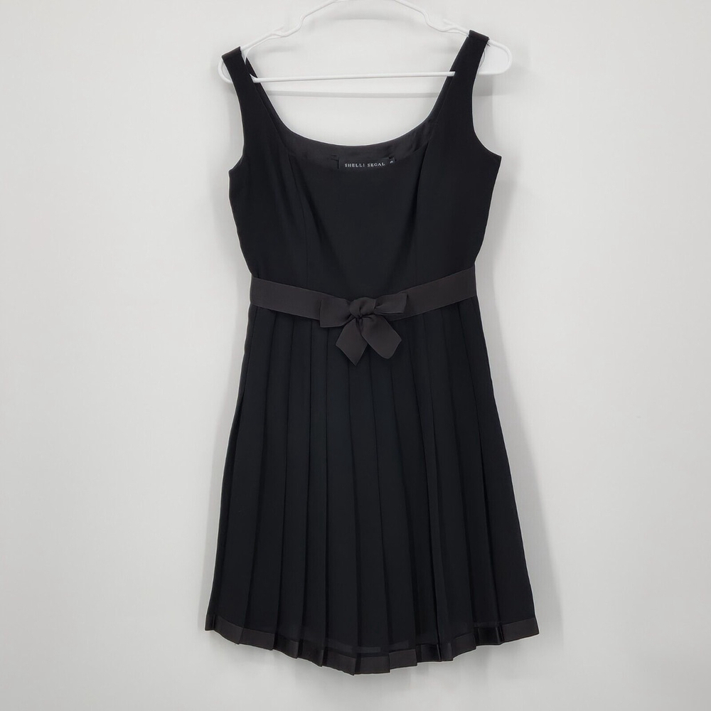 LAUNDRY by Shelli Segal Black Dress Knife Pleated LBD Satin Bow Waist Trim Sz 6